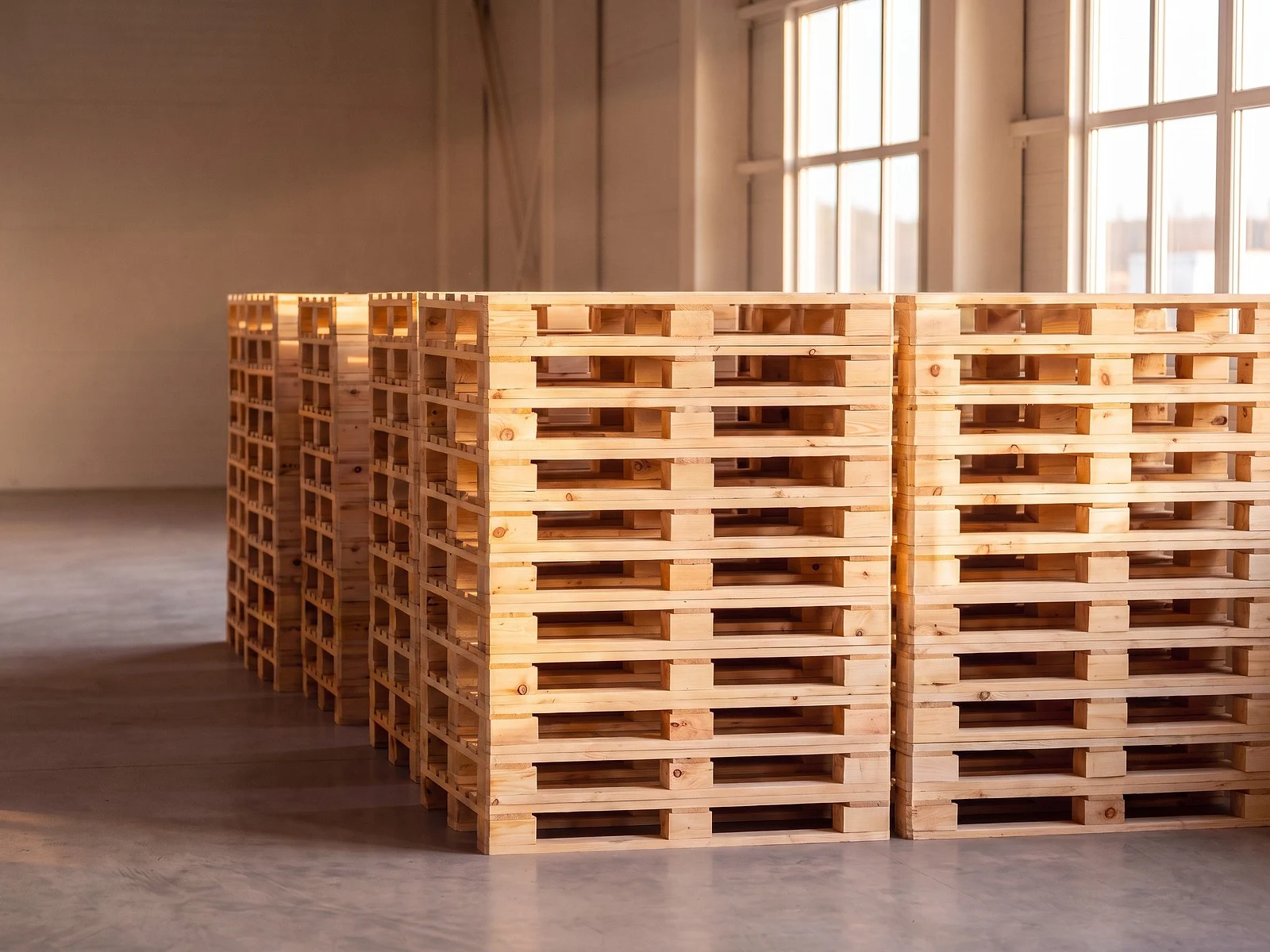 Tarimas de madera estibadas y listas en la bodega de Las Pintitas