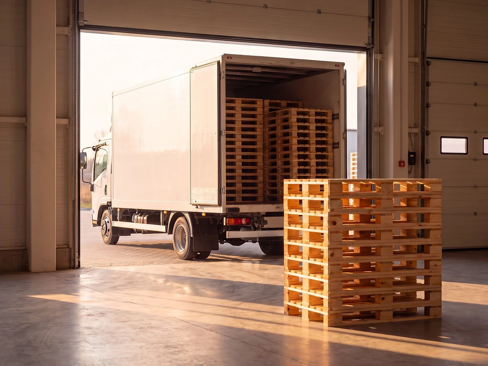 Camión blanco sin logotipos con tarimas de madera cargadas en el andén de la bodega