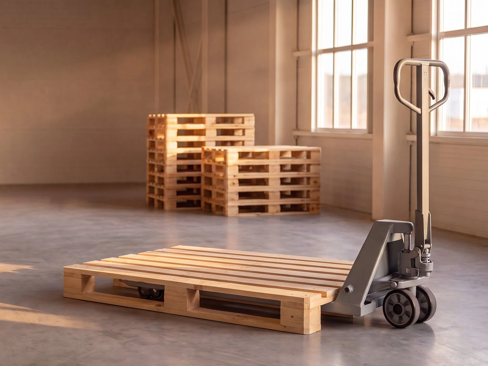 Patín hidráulico junto a una tarima de madera nueva en el piso de una bodega