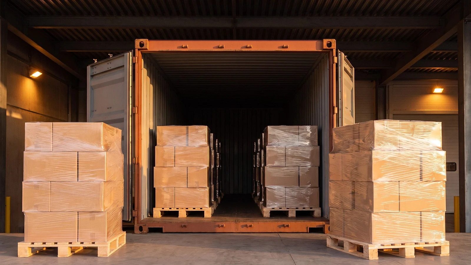 Tarimas de madera con carga embalada dentro de un contenedor de exportación