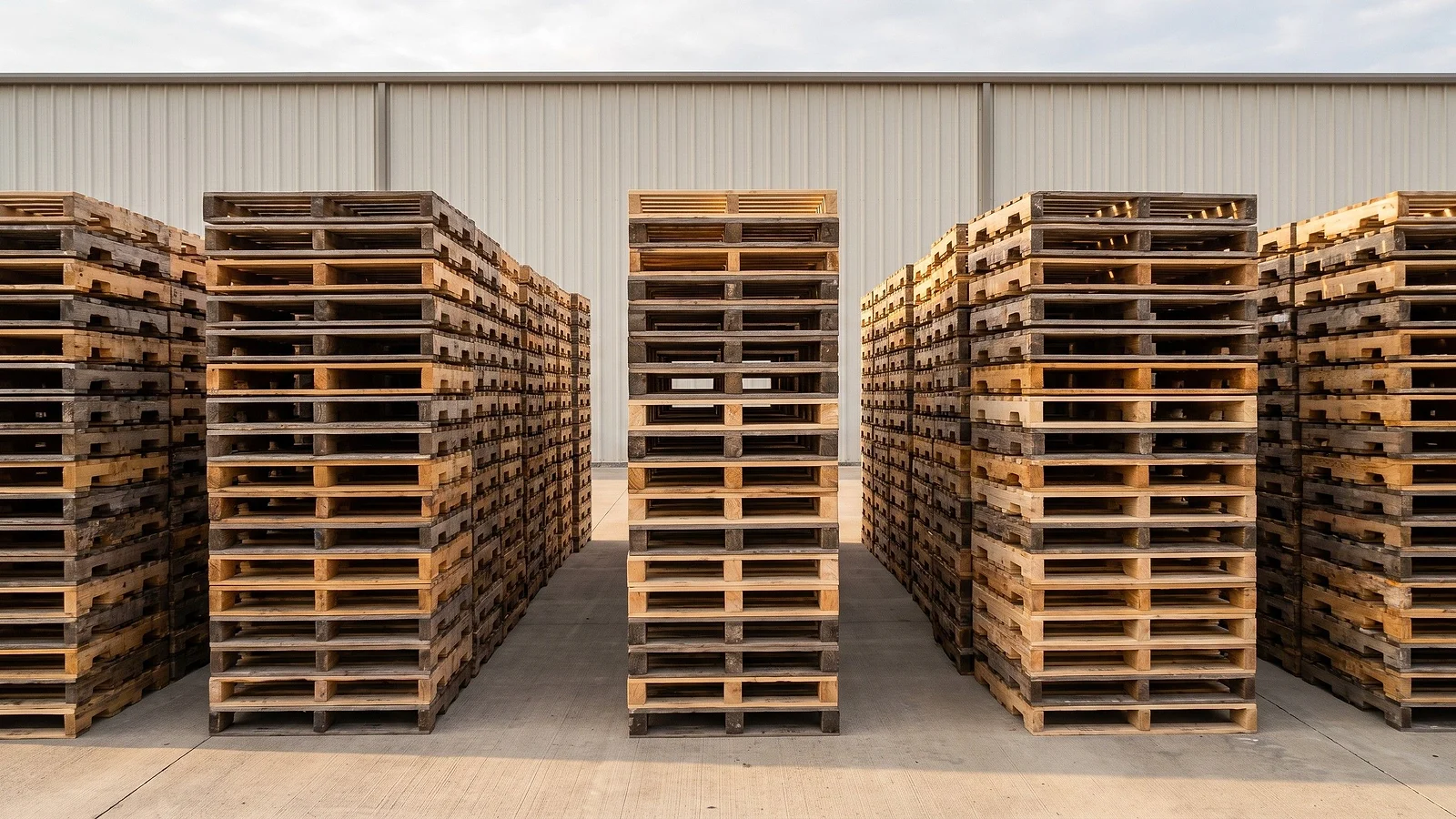 Estiba de tarimas de madera recicladas en el patio de una bodega